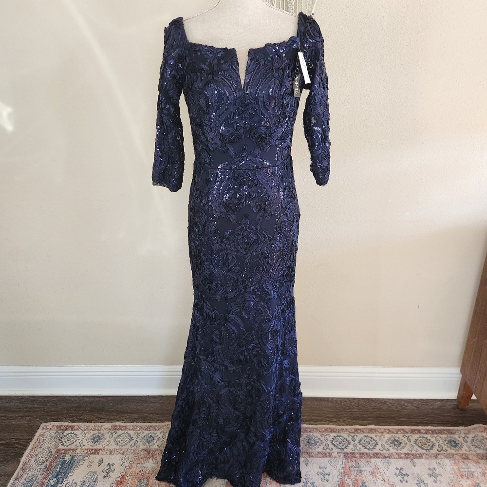 Xscape Off The Shoulder Gown Size 10 NWT $359 Navy Embellished - Picture 2 of 13